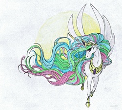 Size: 2355x2123 | Tagged: safe, artist:pandan009, princess celestia, g4, female, high res, majestic, solo, traditional art