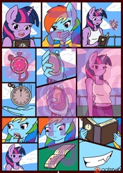 Size: 850x1200 | Tagged: safe, artist:linedraweer, rainbow dash, twilight sparkle, anthro, comic:your time in my hands, g4, bleeding, blood, book, comic, evil smile, female, grin, lesbian, levitation, magic, mischievous, nosebleed, outdoors, rapeface, reading, repair, repairing, ship:twidash, shipping, stopwatch, teaser, telekinesis, time stop