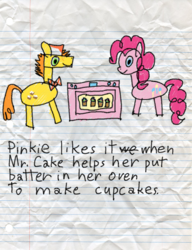 Size: 600x780 | Tagged: safe, artist:fonypan, artist:sweetie belle, carrot cake, pinkie pie, g4, double entendre, drawing, implied carrotpie, implied infidelity, innocent, lined paper, oven, stylistic suck, sweetie's jurnal