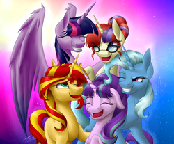 Size: 2300x1900 | Tagged: dead source, safe, artist:cloud-dash, moondancer, starlight glimmer, sunset shimmer, trixie, twilight sparkle, alicorn, pony, unicorn, g4, counterparts, eyes closed, floppy ears, grin, magical quintet, open mouth, smiling, spread wings, twilight sparkle (alicorn), twilight's counterparts, wink