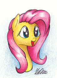 Size: 935x1286 | Tagged: safe, artist:lollipony, fluttershy, pegasus, pony, g4, bust, female, mare, portrait, smiling, solo, traditional art