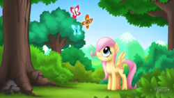 Size: 2560x1440 | Tagged: safe, artist:mysticalpha, fluttershy, butterfly, g4, filly, younger