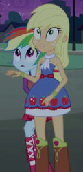 Size: 280x580 | Tagged: safe, screencap, applejack, rainbow dash, equestria girls, g4, clothes, cropped, dress, fall formal outfits, female, hatless, hiding, missing accessory, scared, sleeveless, strapless