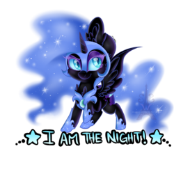 Size: 3000x3000 | Tagged: safe, artist:pvrii, nightmare moon, g4, cute, female, filly, high res, i am the night, nightmare woon, raised hoof, simple background, solo, spread wings, transparent background