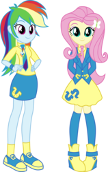 Size: 3161x4997 | Tagged: safe, artist:osipush, fluttershy, rainbow dash, equestria girls, g4, boots, canterlot high, clothes, duo, hand on hip, high res, kneesocks, looking at you, necktie, school spirit, school uniform, shoes, simple background, skirt, smiling, sneakers, socks, transparent background, uniform, vector, wondercolts, wristband