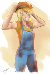 Size: 811x1200 | Tagged: safe, artist:mlp-hearts, applejack, human, g4, armpits, clothes, female, freckles, grin, humanized, masculine, overalls, solo, t-shirt