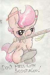 Size: 688x1023 | Tagged: safe, artist:slightlyshade, scootaloo, g4, clothes, female, mouth hold, socks, solo, sword, traditional art, weapon