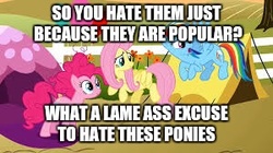 Size: 300x168 | Tagged: safe, fluttershy, pinkie pie, rainbow dash, g4, image macro, meme, op is a duck, op is trying to start shit, picture for breezies