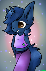 Size: 618x956 | Tagged: safe, artist:ashee, oc, oc only, oc:starlight blossom, anthro, belly button, clothes, female, filly, midriff, one eye closed, solo, tank top