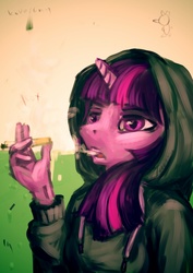 Size: 1131x1600 | Tagged: safe, artist:kovoranu, twilight sparkle, anthro, g4, cigarette, clothes, female, hoodie, looking at you, smoking, solo