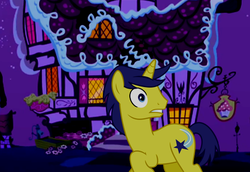 Size: 491x338 | Tagged: safe, comet tail, g4, night, ponyville, scared, sugarcube corner