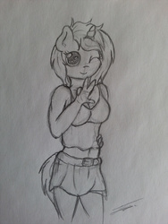 Size: 2448x3264 | Tagged: safe, artist:fluttair, oc, oc only, oc:shiny saphir, anthro, belt, clothes, grayscale, high res, looking at you, midriff, monochrome, sketch, skirt, solo, traditional art