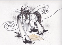Size: 2338x1701 | Tagged: safe, artist:scribblepwn3, oc, oc only, oc:suit twister, earth pony, pony, ink, insanity, messy mane, pen, solo, traditional art, watercolor painting