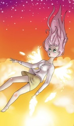 Size: 750x1280 | Tagged: safe, artist:161141, fluttershy, human, g4, barefoot, blushing, clothes, crying, ethereal wings, falling, feather, feet, female, humanized, legs, shirt, skirt, solo, twilight (astronomy), winged humanization