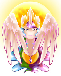 Size: 3550x4400 | Tagged: safe, artist:hanashyma, princess celestia, g4, female, looking at you, portrait, solo, spread wings, sun