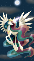 Size: 2204x3920 | Tagged: safe, artist:hanashyma, princess celestia, g4, female, flying, high res, moon, night, solo