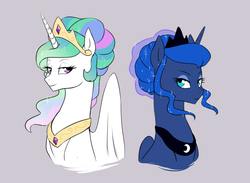 Size: 1315x964 | Tagged: safe, artist:pikokko, princess celestia, princess luna, g4, alternate hairstyle, bust, simple background