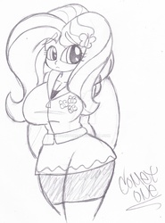 Size: 1024x1381 | Tagged: dead source, safe, artist:comet0ne, fluttershy, equestria girls, g4, big breasts, breasts, busty fluttershy, cleavage, clothes, curvy, cutie mark, female, frown, hourglass figure, jacket, pencil drawing, signature, solo, traditional art, watermark, zipper