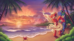Size: 1199x666 | Tagged: safe, artist:tinuleaf, oc, oc only, oc:leinani, earth pony, pony, beach, sunset, watermark, windswept mane