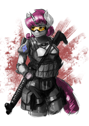 Size: 1024x1448 | Tagged: safe, artist:greenfireartist, rarity, anthro, g4, alternate hairstyle, big breasts, breasts, busty rarity, female, goggles, gun, soldier, solo, weapon
