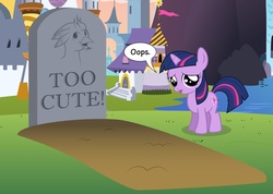 Size: 1600x1142 | Tagged: safe, artist:mlp-silver-quill, twilight sparkle, oc, oc:silver quill, classical hippogriff, hippogriff, pony, unicorn, g4, accident, canterlot, cute, filly, filly twilight sparkle, grave, gravestone, grimderp, implied death, oops, too cute, twiabetes, unicorn twilight, weapons-grade cute