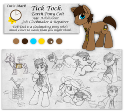 Size: 1280x1154 | Tagged: safe, artist:aisu-isme, oc, oc only, oc:tick tock, cyborg, ask the creepy ponies, colt, eyes closed, frown, looking at you, male, prone, reference sheet, sitting, sleeping, smiling, underhoof, wink