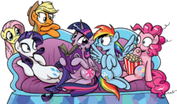 Size: 1149x677 | Tagged: safe, artist:brendahickey, edit, idw, applejack, fluttershy, pinkie pie, rainbow dash, rarity, twilight sparkle, alicorn, pony, g4, spoiler:comic, spoiler:comic40, background removed, book, couch, diva, draw me like one of your french girls, female, mane six, mare, pose, simple background, transparent background, twilight sparkle (alicorn)