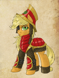 Size: 684x905 | Tagged: safe, artist:pooryorick, part of a set, applejack, equestria divided, g4, armor, eyepatch, female, solo