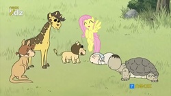 Size: 1280x720 | Tagged: safe, fluttershy, big cat, giraffe, kangaroo, lion, pegasus, pony, g4, animal, bo, crayon shin-chan, crossover, masao satō, nene sakurada, shin-chan, shinnosuke nohara, tooru kazama