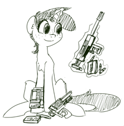 Size: 824x840 | Tagged: safe, artist:inlucidreverie, oc, oc only, oc:littlepip, pony, unicorn, fallout equestria, black and white, fanfic, fanfic art, female, freckles, glowing horn, grayscale, gun, horn, levitation, magic, mare, monochrome, pipbuck, reloading, simple background, sitting, sketch, solo, telekinesis, weapon, white background