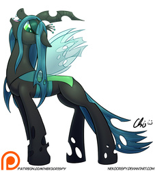Size: 900x990 | Tagged: safe, artist:nekocrispy, queen chrysalis, changeling, changeling queen, g4, crown, fangs, female, floppy ears, jewelry, open mouth, patreon, patreon logo, regalia, simple background, slit pupils, solo, white background