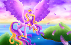 Size: 3716x2343 | Tagged: safe, artist:rose-beuty, princess cadance, g4, feather, female, flying, high res, island, solo, water