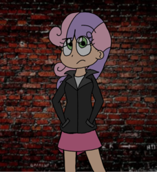Size: 743x814 | Tagged: safe, artist:hiyanara, sweetie belle, human, g4, clothes, cute, female, humanized, jacket, leather, leather jacket, skirt, solo