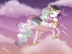 Size: 4000x3000 | Tagged: safe, artist:kurochhi, princess celestia, g4, cloud, female, flying, high res, moon, solo, twilight (astronomy)