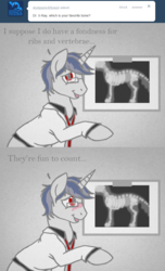 Size: 700x1148 | Tagged: safe, artist:aisu-isme, oc, oc only, oc:dr. x-ray, ask the creepy ponies, blushing, glasses, skeleton, x-ray, x-ray picture