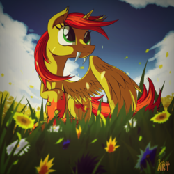 Size: 1500x1500 | Tagged: safe, artist:ruhisu, oc, oc only, alicorn, changeling, pony, commission, fangs, flower, meadow, request, sky, smiling, yellow changeling