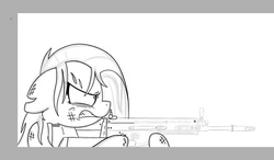 Size: 1532x897 | Tagged: safe, artist:fakskis, pinkie pie, g4, aiming, bruised, cut, female, gun, holding hooves, messy mane, monochrome, pinkamena diane pie, scar, scratches, solo, weapon, wip