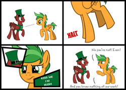 Size: 14911x10763 | Tagged: safe, artist:outlawedtofu, oc, oc only, oc:atom smasher, oc:mach, pegasus, pony, fallout equestria, fallout equestria: duck and cover, fallout equestria: outlaw, absurd resolution, annie hall, clothes, comic, family guy, floppy ears, hat, male, saint patrick's day, shirt, simple background, text, vector, white background