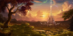 Size: 5300x2656 | Tagged: safe, artist:devinian, aurora crystialis, bridge, cloud, crepuscular rays, crystal empire, forest, mountain, scenery, sunset, wallpaper