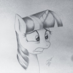Size: 2447x2447 | Tagged: safe, artist:theasce, twilight sparkle, g4, female, high res, monochrome, nervous, solo, traditional art