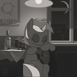 Size: 915x915 | Tagged: safe, artist:minibot-1, lyra heartstrings, pony, unicorn, g4, black and white, eyes closed, female, grayscale, guitar, kino, mare, monochrome, solo