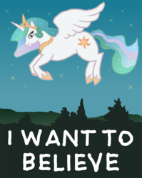 Size: 716x900 | Tagged: safe, artist:heavenhairsixes, princess celestia, g4, female, flying, i want to believe, parody, solo, the x files