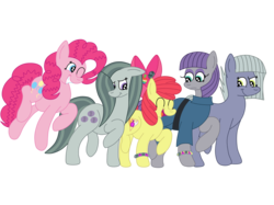 Size: 2592x1936 | Tagged: safe, artist:squipycheetah, apple bloom, boulder (g4), limestone pie, marble pie, maud pie, pinkie pie, pony, crusaders of the lost mark, g4, hearthbreakers, alternate cutie mark, alternate hairstyle, apple, apple bloom's bow, belt, bouncing, bracelet, clothes, cute, cutie mark, eyes closed, floppy ears, food, happy, hopping, jacket, looking back, looking down, marblebetes, maudabetes, one eye closed, open mouth, raised hoof, simple background, sisters, smiling, teeth, the cmc's cutie marks, transparent background, vector, walking, zap apple