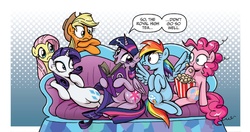 Size: 1400x739 | Tagged: safe, idw, applejack, fluttershy, pinkie pie, rainbow dash, rarity, twilight sparkle, alicorn, pony, g4, spoiler:comic, spoiler:comic40, book, couch, diva, draw me like one of your french girls, female, mane six, mare, pose, twilight sparkle (alicorn)