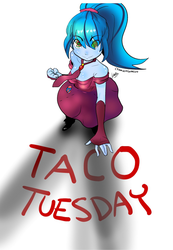 Size: 531x768 | Tagged: safe, artist:cronavongorgon, sonata dusk, equestria girls, g4, my little pony equestria girls: rainbow rocks, cleavage, clothes, cute, dress, female, looking at you, taco tuesday, that girl sure loves tacos