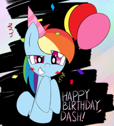 Size: 1356x1500 | Tagged: safe, artist:kemofoo, rainbow dash, g4, balloon, birthday, female, hat, party hat, solo