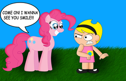 Size: 800x519 | Tagged: safe, artist:cyber-murph, pinkie pie, g4, creepy smile, crossover, mandy, speech bubble, the grim adventures of billy and mandy, uncomfortable, xk-class end-of-the-world scenario