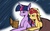 Size: 1024x640 | Tagged: safe, artist:angeltorchic, sunset shimmer, twilight sparkle, alicorn, pony, unicorn, g4, blanket, book, cuddling, female, lesbian, prone, reading, ship:sunsetsparkle, shipping, snuggling, twilight sparkle (alicorn), unamused