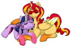 Size: 950x625 | Tagged: dead source, safe, artist:redphyrex, sunset shimmer, twilight sparkle, alicorn, pony, equestria girls, g4, my little pony equestria girls: friendship games, alicornified, cuddling, daydream shimmer, equestria girls ponified, eyes closed, female, lesbian, ponified, prone, race swap, rainbow power, shimmercorn, ship:sunsetsparkle, shipping, snuggling, story in the source