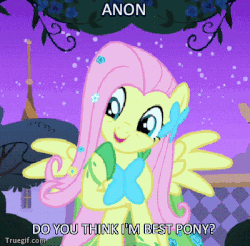 Size: 400x394 | Tagged: safe, fluttershy, oc, oc:anon, g4, animated, best pony, bronybait, clothes, cute, dress, female, gala dress, head tilt, open mouth, perfect loop, shyabetes, smiling, solo, spread wings, talking